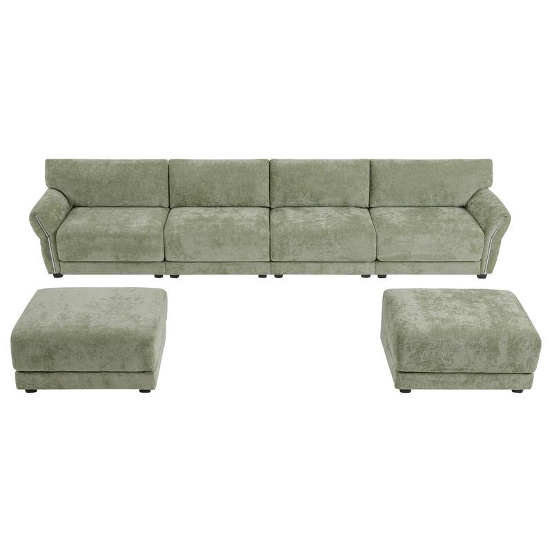 142" Chenille U-Shaped 6-Seater Sectional Sofa with USB/Type-C Charging, Petal Armrests and Free-Move Ottoman