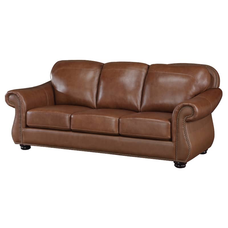 Boro 85 Inch Sofa, Rich Brown Top Grain and Faux Leather, Solid Wood