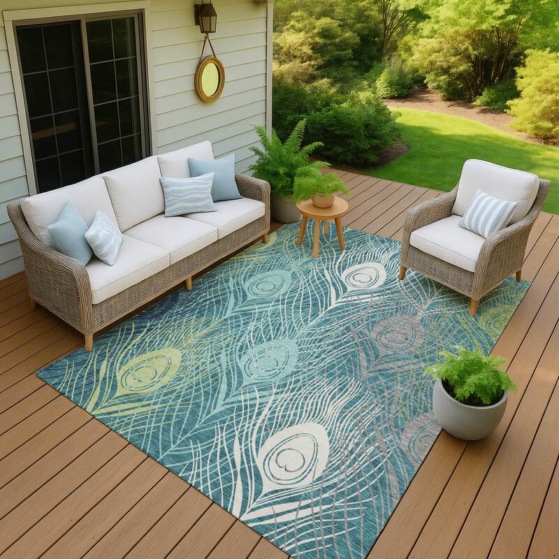 Machine Washable Indoor/ Outdoor Modern Peacock Chantille Rug - Teal - 5' x 7'6"