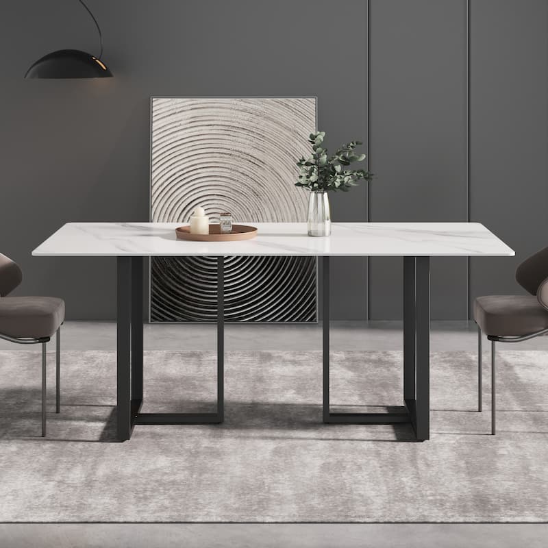 71" White Marble Dining Table for 6-8,Rectangular Tabletop and Triangular Carbon Steel Legs