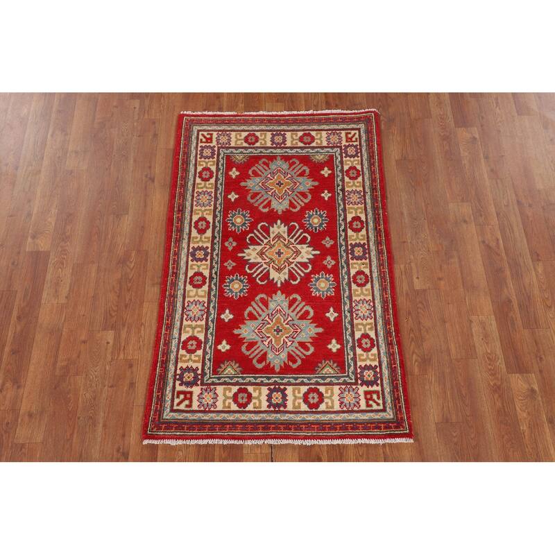 Geometric Red Kazak Foyer Rug Hand-Knotted Oriental Wool Carpet - 2'7" x 4'3"