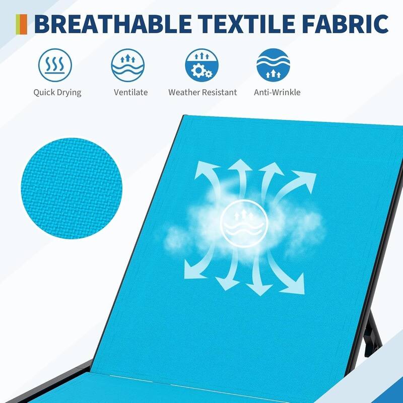 2 Patio Outdoor Textile Chaise Lounge Chairs with Side Table for Yard, Beach, Lawn, Porch, Garden