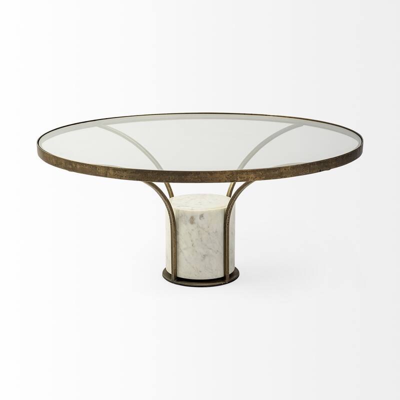 Jacinta II Glass Top with Gold Metal and White Marble Pedestal Round Side Table