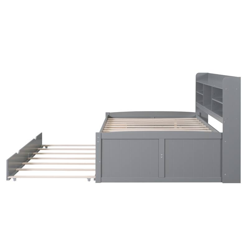 Full Size Wooden Bed with Bookcase Headboard, Three Storage Drawers, and Trundle for Space-Saving Design