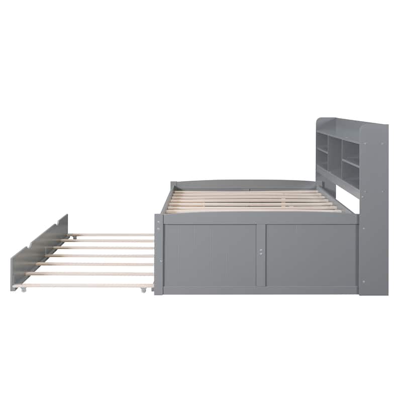 Full Size Wooden Captain Bed with Built-in Bookshelves,Three Storage Drawers and Trundle