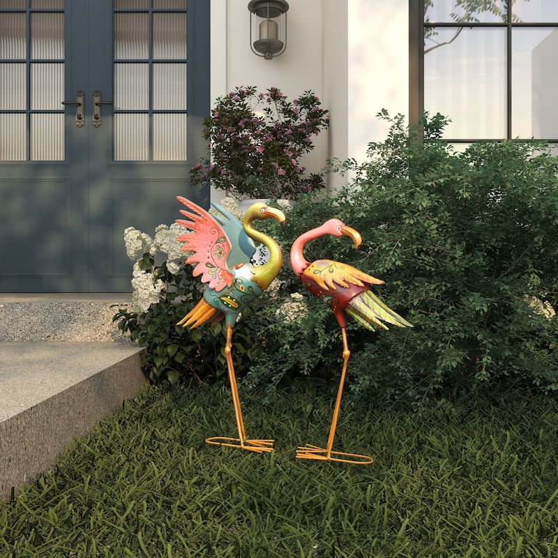 Metal Flamingo Indoor Outdoor Embossed Standing Decorative Garden Sculpture - Set of 2 Multi Colored - Roche River Decor