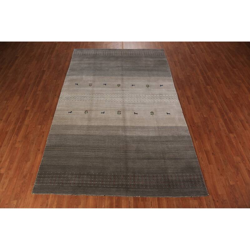 Striped Tribal Gabbeh Oriental Rug Hand-Knotted Beige Wool Carpet - 6'0" x 9'8"