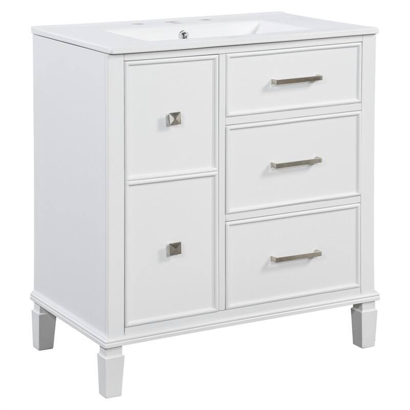 30'' Bathroom Vanity with Ceramic Sink, Freestanding Bathroom Vanity Cabinet with 3 Soft Close Drawers and 1 Flip-Out Drawer