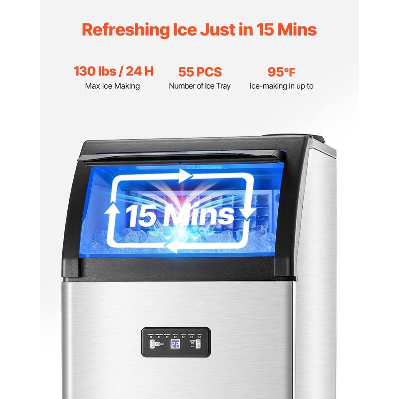 Silver Black Stainless Steel Commercial Ice Maker with 130 lbs Daily Output and Auto Cleaning - 17.1 x 16.1 x 31.5 in