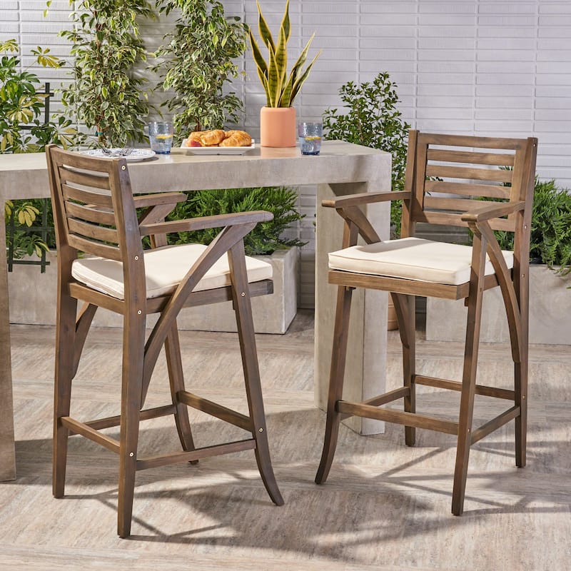 Hermosa Outdoor Acacia Wood Barstool with Cushion (Set of 2) by Christopher Knight Home - grey finish + cream cushion