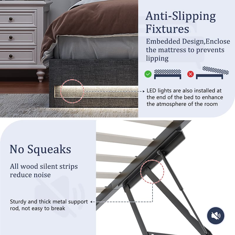 VECELO Lift Up Storage Bed Frame with LED Lights USB Charging Ports Hydraulic Platform 2-Tier Headboard Shelves Full & Queen