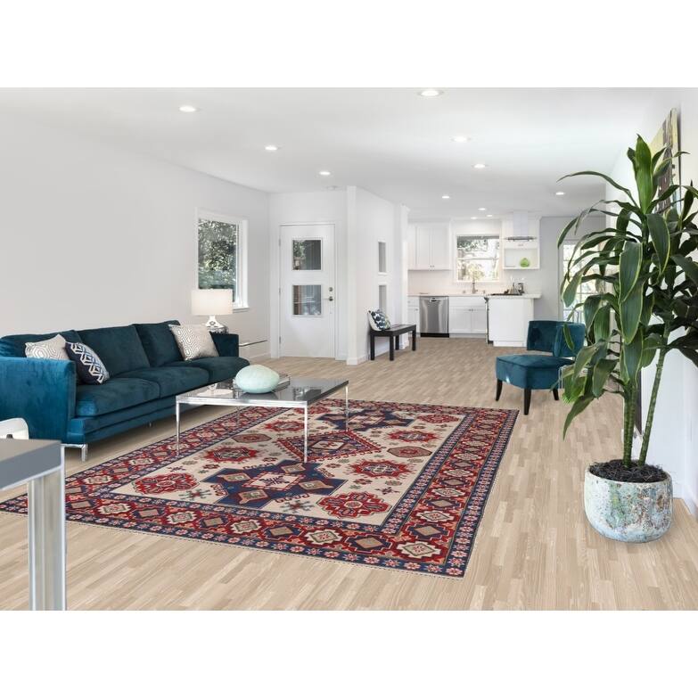 Hand Knotted Oriental 100% Wool Carpet Traditional Geometric Beige & Ivories Kazak Area Rug - 9' 7'' X 6' 7''