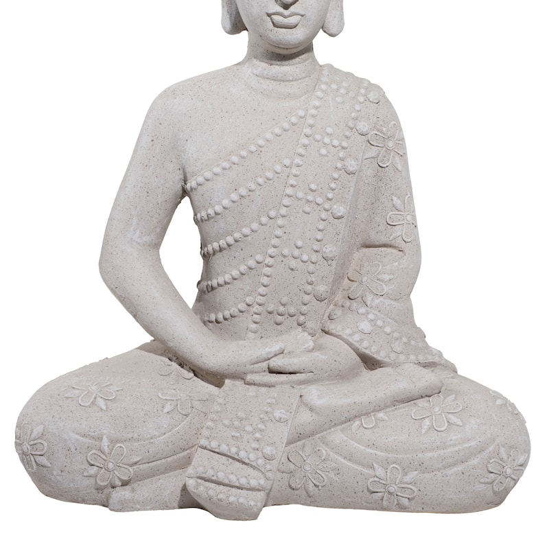 Gray Magnesium Oxide Indoor Outdoor Meditating Buddha Decorative Garden Sculpture with Floral Carvings and Beaded Details