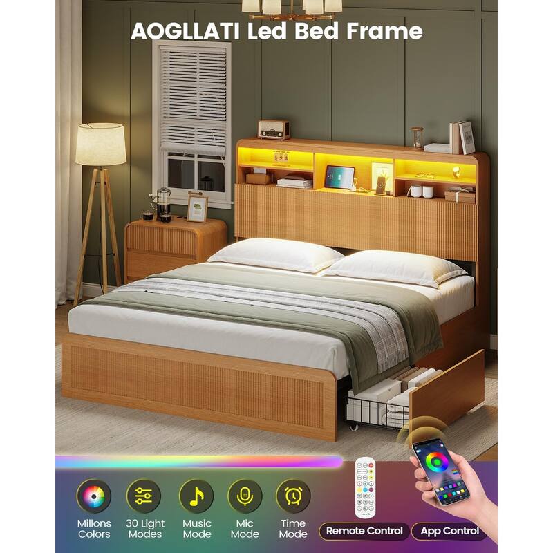 Bed Frame with 4 Storage Drawers and Hidden Storage Headboard Charging Station