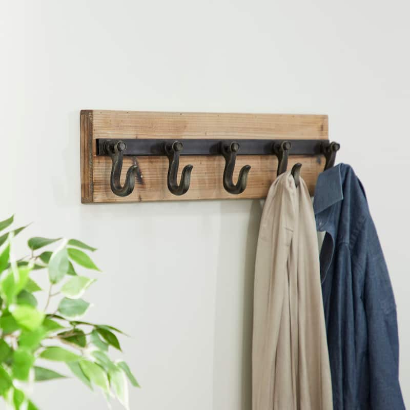 Wood 5 Hanger Wall Hook with Black Metal Hardware - Brown - Roche River Decor - 4"W x 24"L x 6"H