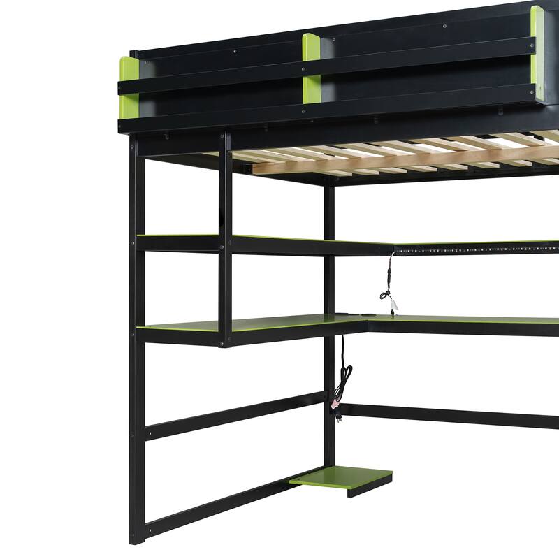 Loft Bed with Wraparound Study Hub, Side Storage Rack, USB Charging & RGB Light by Harper&Bright Designs