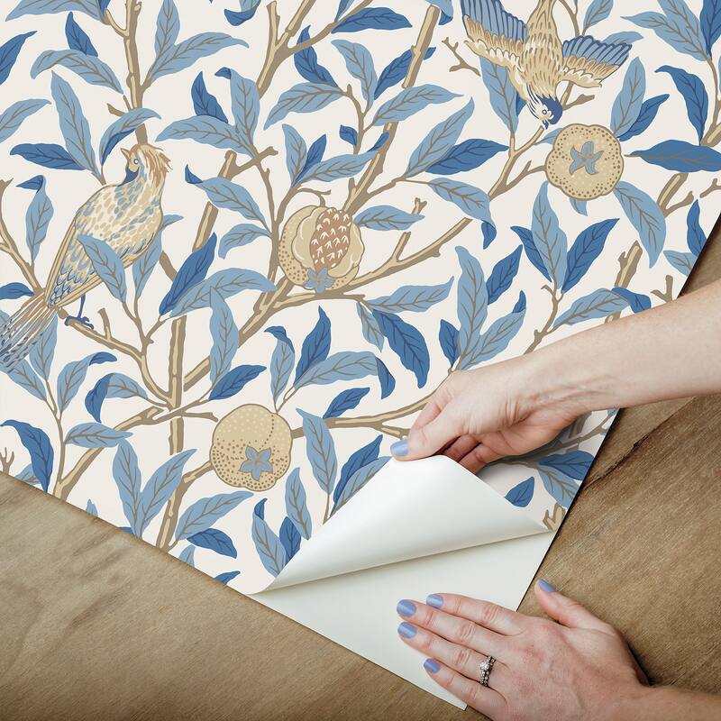 Bird and Pomegranate Woad Peel and Stick Wallpaper