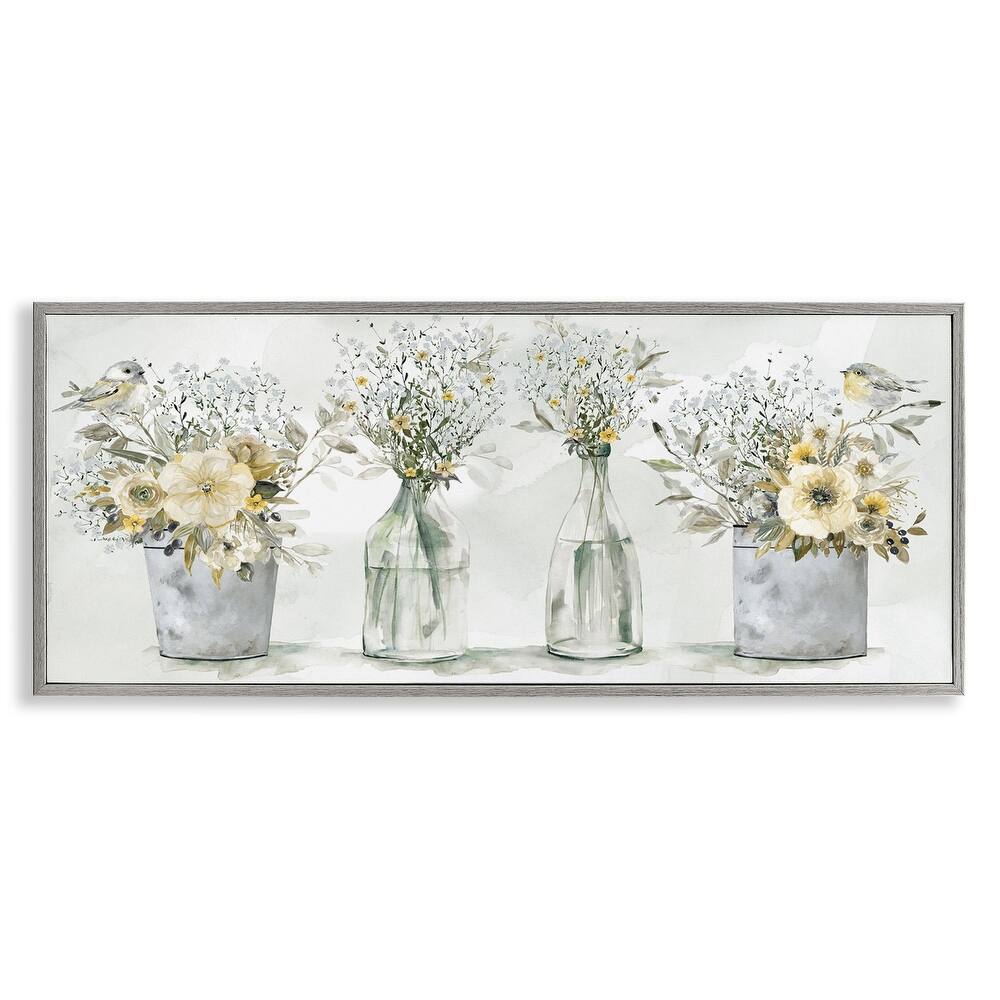 Stupell Farmhouse Floral Bouquets Song Birds Rustic Vases Framed Wall Art - Yellow