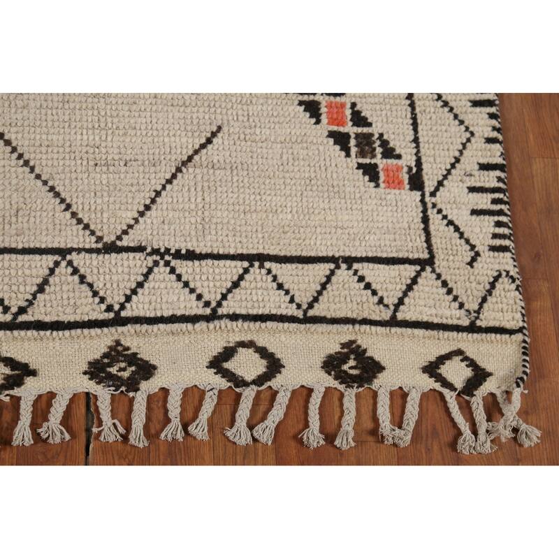 Geometric Moroccan Oriental Area Rug Hand-Knotted Beige Wool Carpet - 6'0"x 9'8"