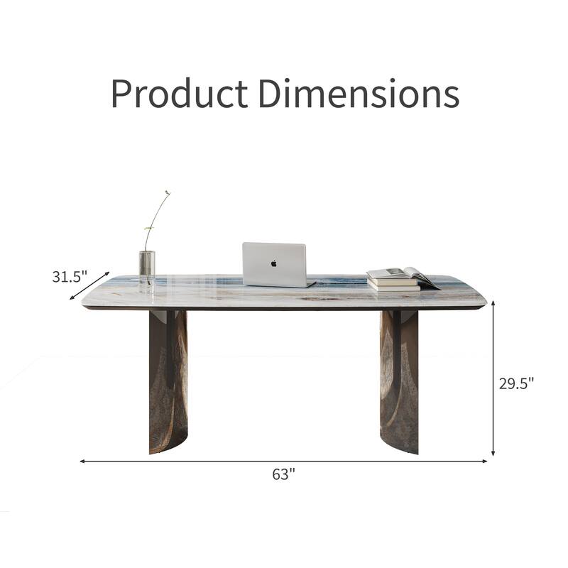 Modern 63" Retangular Wrining Desk, Faux Marble Table Top Desk With Double Legs