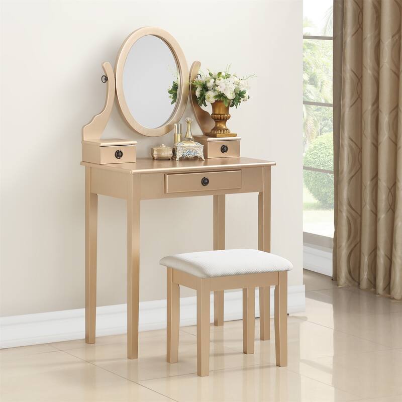 Wood Makeup Vanity Table and Stool Set - Gold