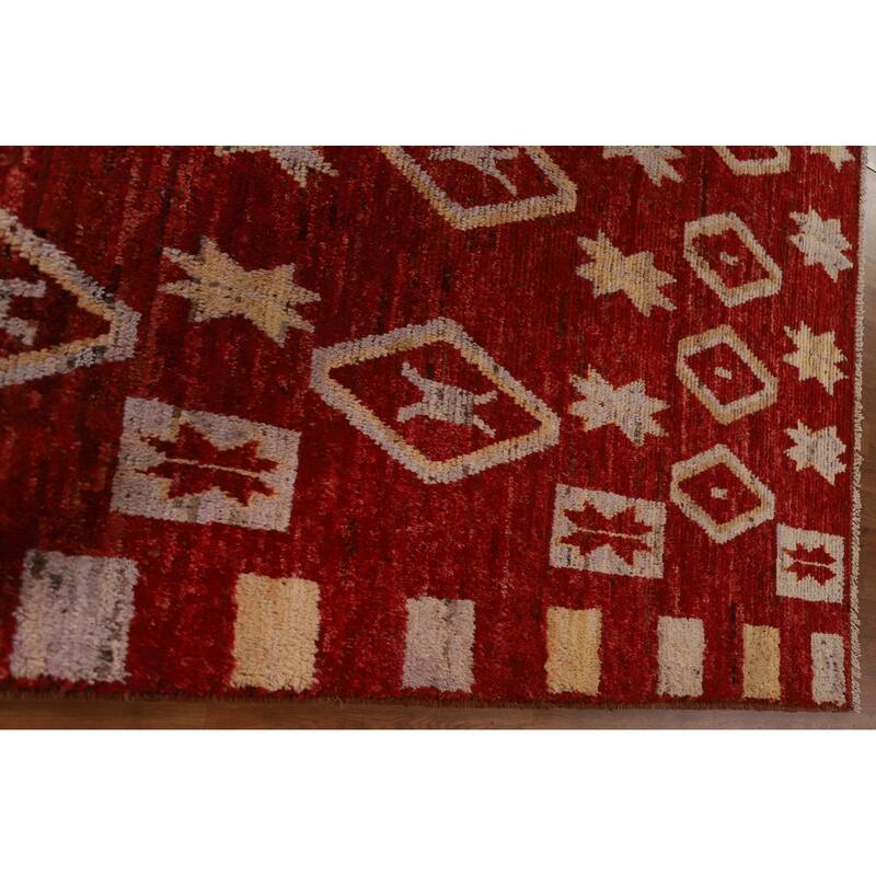 Hand Knotted Oriental 100% Wool Carpet Modern Tribal Red Moroccan Area Rug - 9' 8'' X 6' 10''