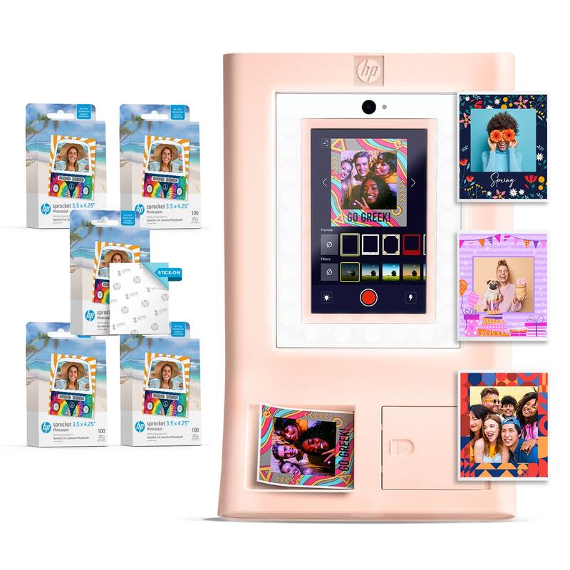 HP Sprocket Photobooth 3x4" Photo Printer (Pink) Bundle w/3.5 x 4.25” Zink Photo Paper (500 Sheets) - White - White