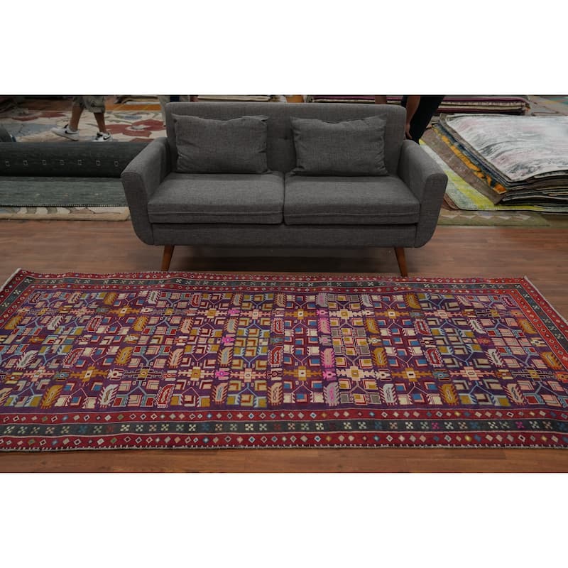 Hand Knotted Oriental 100% Wool Carpet Traditional Geometric Purples Tabriz Runner Rug - 9' 4'' X 4' 1''