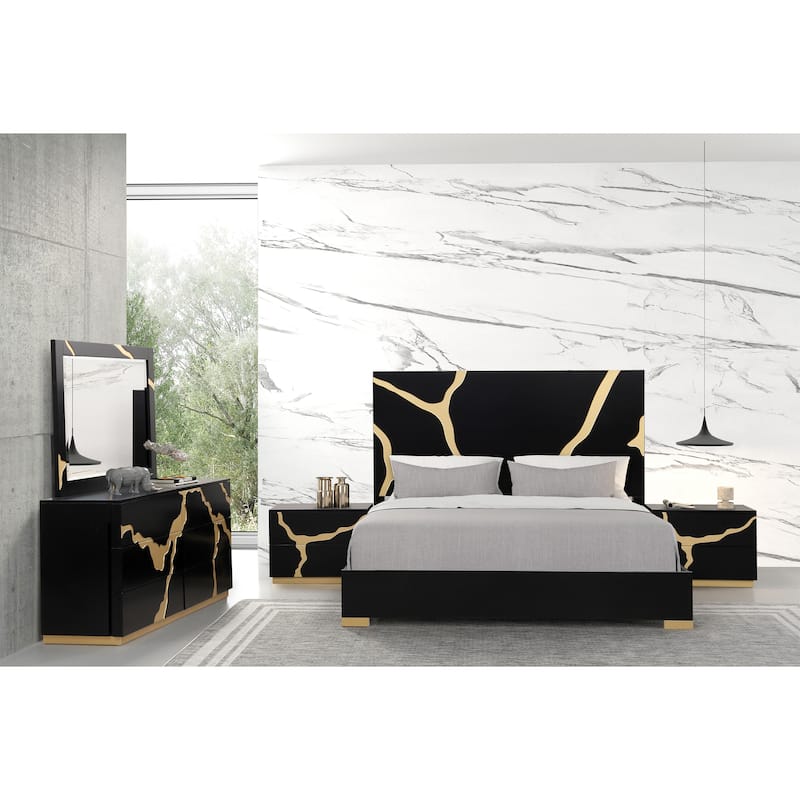 Furniture of America Kismet Modern 5-Piece Black Wood Platform Bedroom Set with Gold Accented Headboard - King