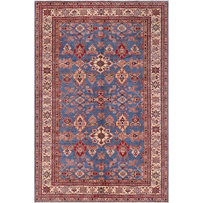 Tribal Super Kazak Kamila Light Blue/Natural Hand Knotted Wool Rug - 6'1'' x 9'6''