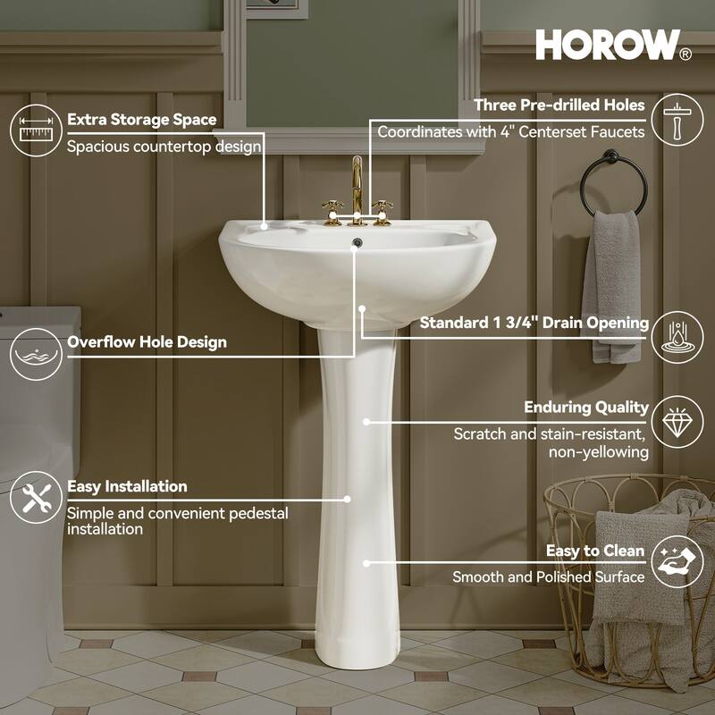 HOROW 21.7 in. W x 18.5 in. D Round Ceramic Pedestal Combo Bathroom Sink in White with Overflow Drain