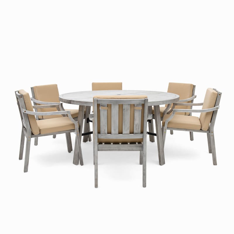 Roomfitters 6-Person Outdoor Wooden Dining Set with Umbrella Hole & Removable Cushions for Patio or Garden, Antique Gray