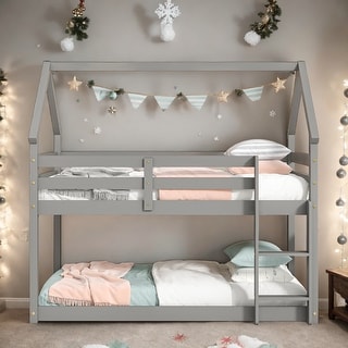 Elegant Twin over Twin Loft Bed with Roof Design, Safety Guardrail and Ladder, Solid Construction & Versatility Galore, White