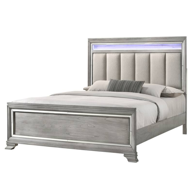 Evonne 5 Piece Gray LED Upholstered Panel Bedroom Set