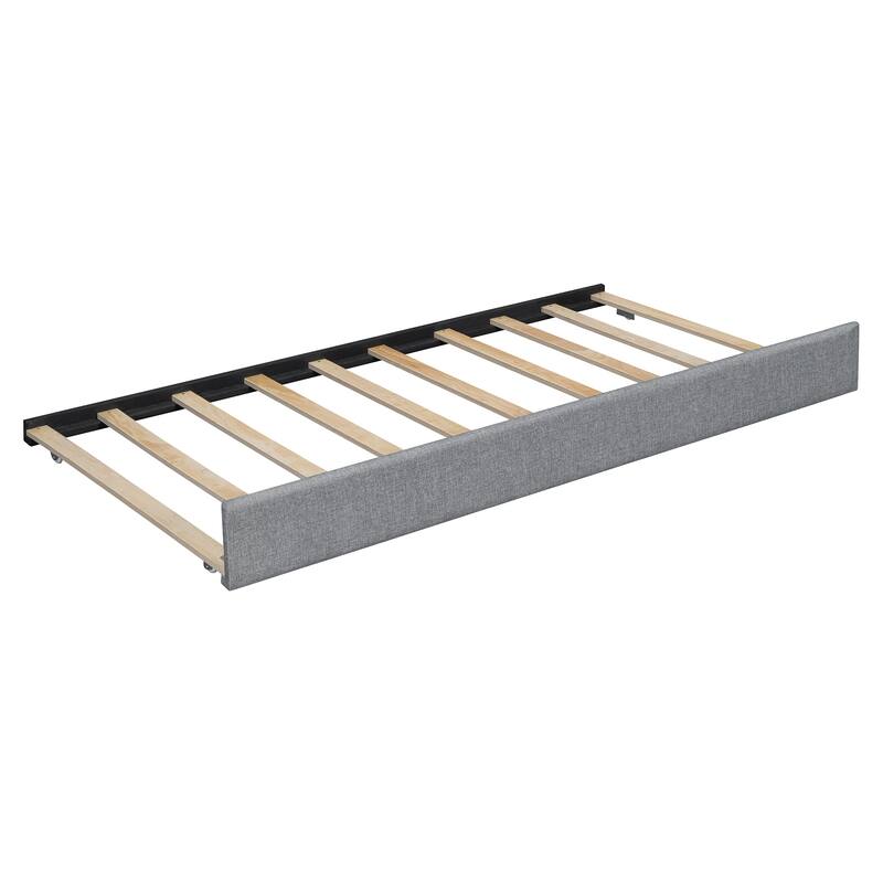 Queen Size Platform Bed, Wingback with Reading Lights, Flip-up Storage Headboard, Side Display Racks, Trundle and Drawers