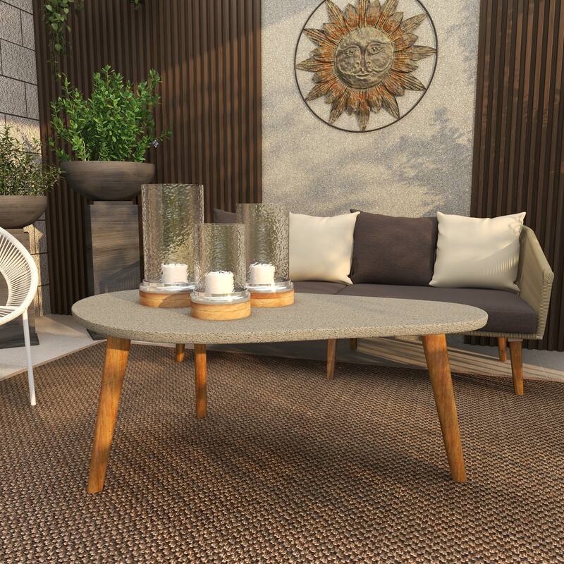 Gray Concrete Inspired Oval End Table Outdoor Accent Table with Brown Tapered Wood Legs