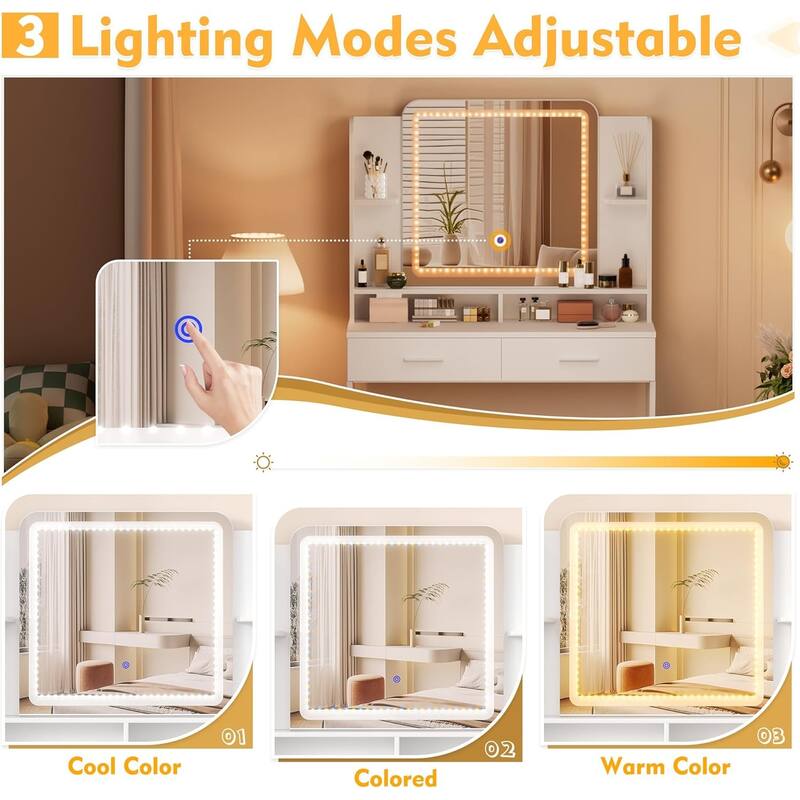 White Makeup Vanity Desk Wooden Dressing Table with Adjustable Lighted Mirror & 2 Drawers & Storage Shelves for Bedroom