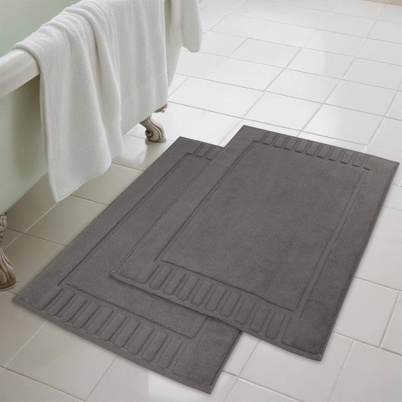Blue Nile Mills 100% Cotton Solid Modern Geometric Border Absorbent Heavy Washable Bath Mats, Set of 2