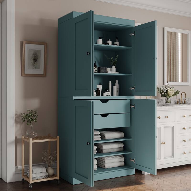 Palace Imports 100% Solid Wood Bathroom Storage Cabinet, Shaker Doors, 2 Drawers, Adjustable Shelves, 32" Wide, 71.5" Tall - Aqua Blue