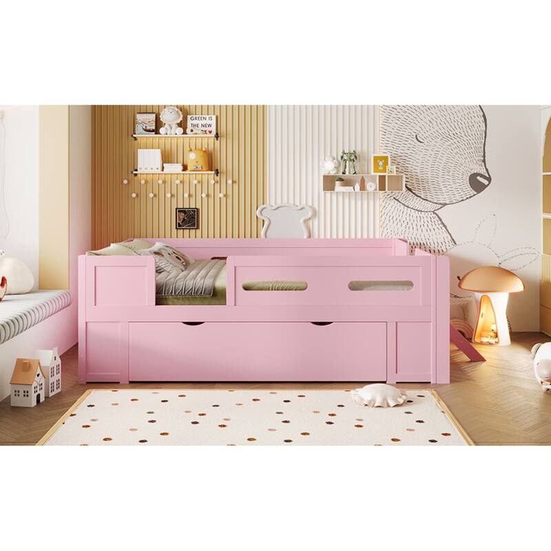 Roomfitters Full/Twin Size Wood Platform Bed with Underbed Storage Drawer and Safety Guardrails, Modern Low Loft Frame