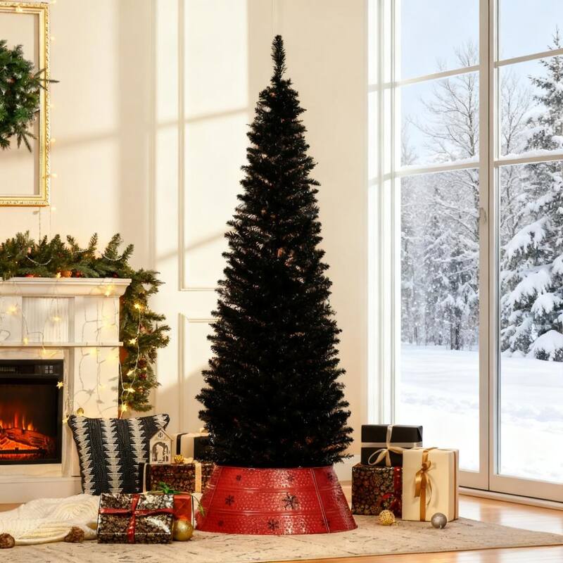 Slim Artificial Christmas Tree - Realistic Branch Tips, Plastic Stand - Black