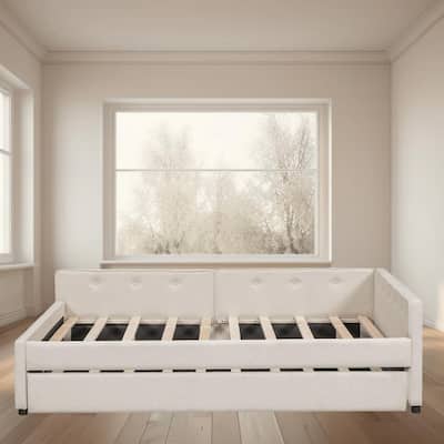 Full Size Upholstered Platform Bed Frame with USB Ports and Twin Size Trundle, No Box Spring Needed, Bedroom Furniture