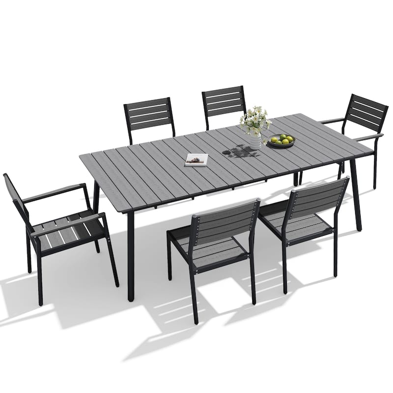 VredHom 7/9-Piece Outdoor Patio Aluminum Dining Table with Stackable Chairs Umbrella Hole - 82.7in-Grey-7PC