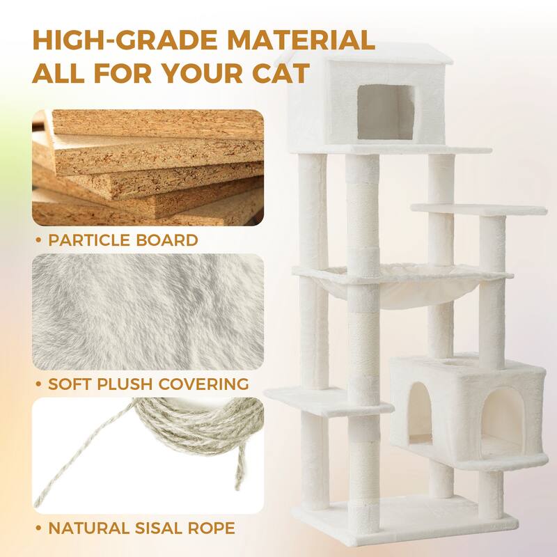 64 in Cat Tree with Unique Cat House, Hammock, Scratching Posts, Plush Cat Tower for Indoor Cats for Multiple Cats