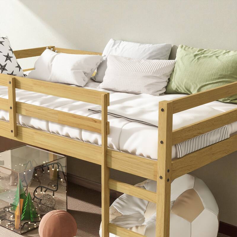 Solid Wood Twin Loft Bed with Ladder, Rubber Wood Frame Low Height Design with Guard Rails and Storage Space