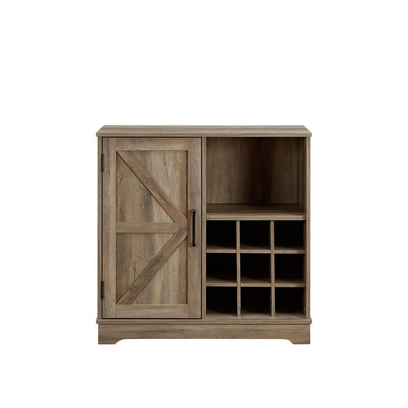 Farmhouse Wine Bar Cabinet with Drawer and Adjustable Storage Shelves for Liquor and Glasses - Grey Wash