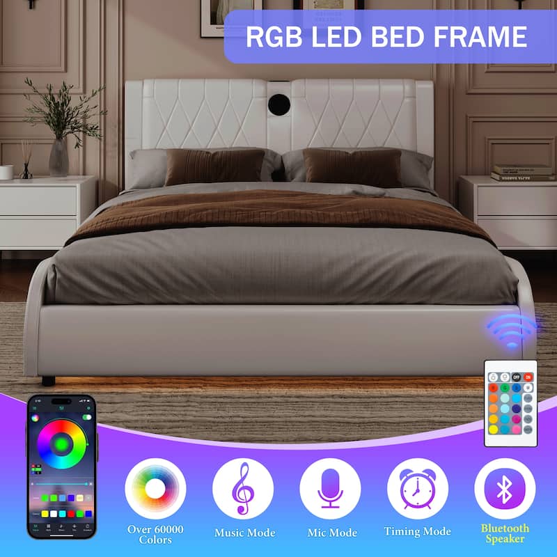 Luxurious Faux Leather Upholstered Platform Bed with Thickened Headboard, Bluetooth Speakers & RGB Lights, No Box Spring Needed