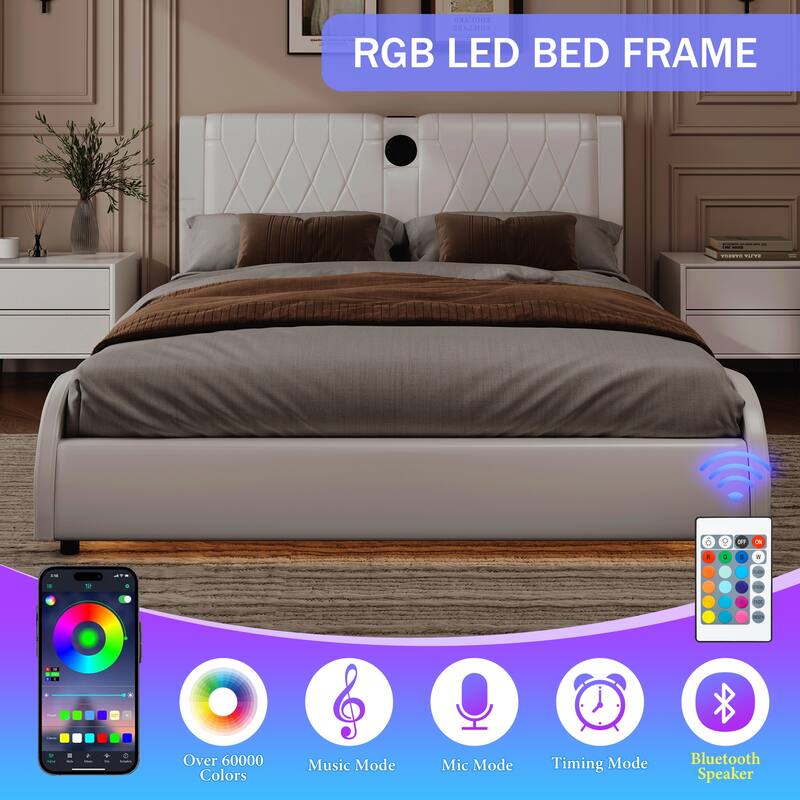 Queen Size Faux Leather Platform Bed with RGB LED Lights, Bluetooth Speakers, and Thickened Headboard
