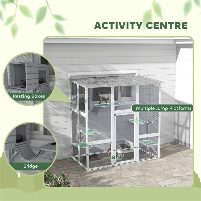 White Wooden Pet Cage with Multiple Jump Platforms Perfect for 2 Cats