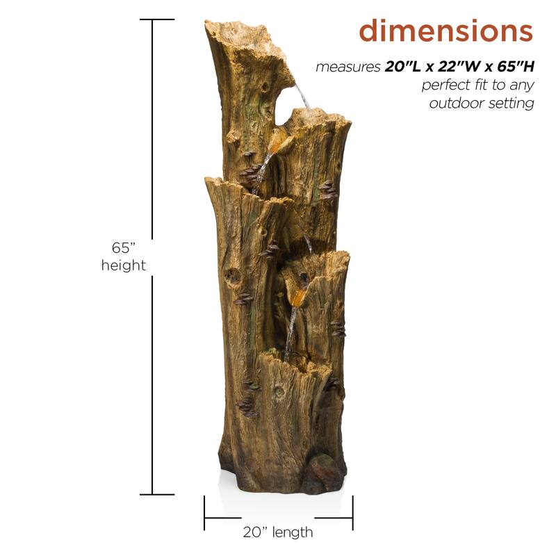 Alpine Corporation 65 Tall Outdoor 4 Tier Cascading Tree Bark Water Fountain with LED Lights Elegant Water Feature for Garden